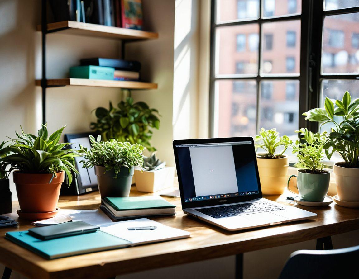 A beautifully arranged workspace featuring an open laptop with a vibrant screen displaying a blogging platform, surrounded by colorful notebooks, art supplies, and a steaming cup of coffee. Bright, natural sunlight streams through a nearby window, casting warm shadows and creating an inviting atmosphere. A small plant adds a touch of greenery for inspiration. super-realistic. vibrant colors. soft focus.