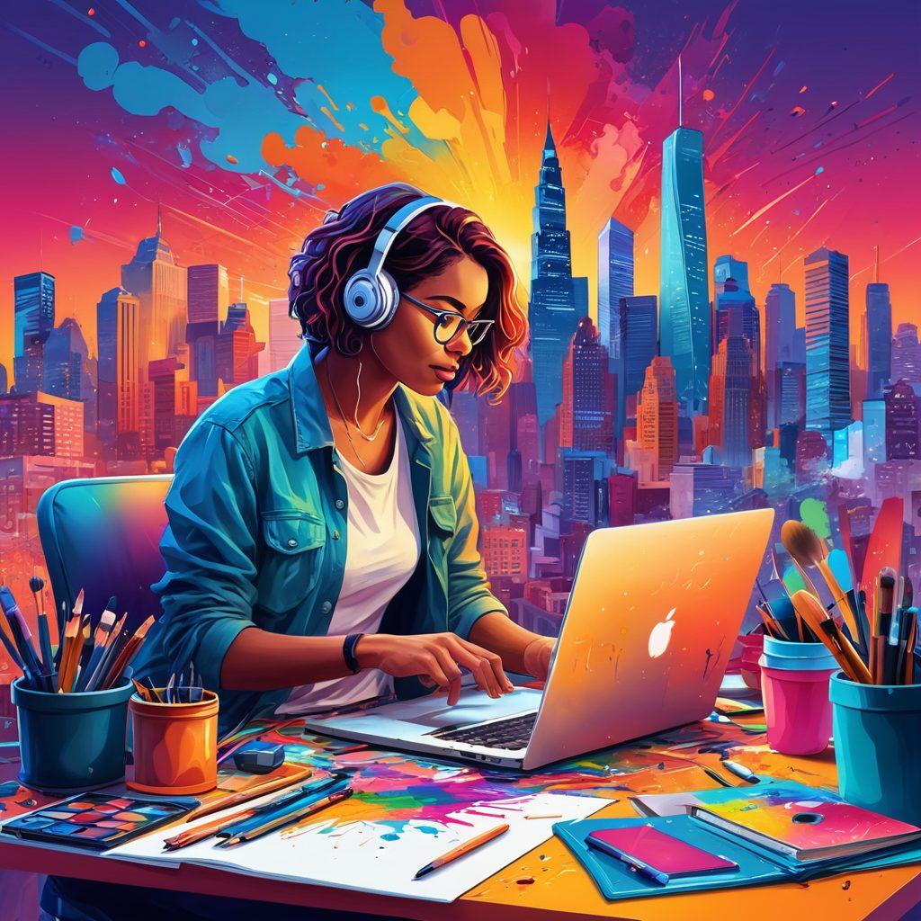 A vibrant illustration of a person transforming their passion into a digital platform, surrounded by various essential tools like a laptop, camera, and sketchbook. The background features a colorful cityscape, symbolizing growth and opportunity. Include elements that represent creativity, such as paint splashes and musical notes. The scene should be dynamic and inspiring, with a warm, inviting color palette. vector art. vibrant colors.